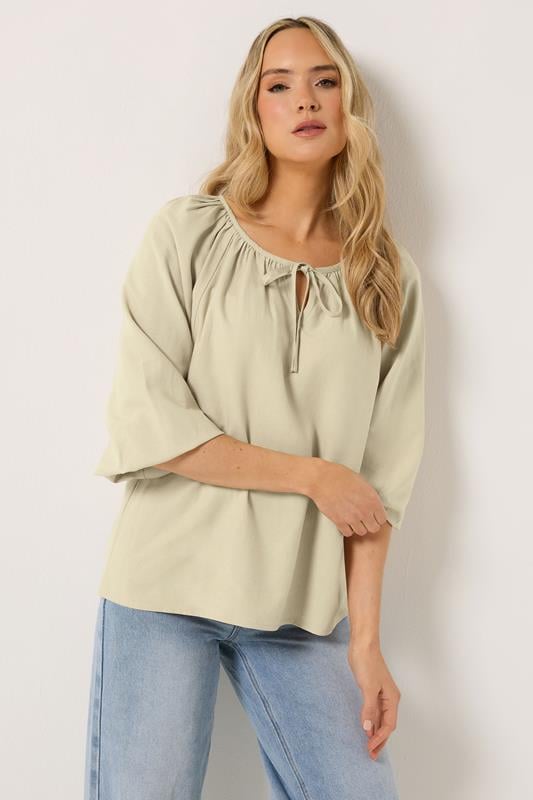 LTS Tall Women's Stone Brown Tie Front Linen Blouse | Long Tall Sally 1