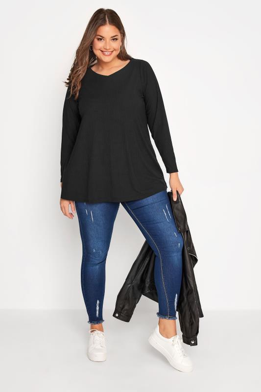 Curve Black Long Sleeve Ribbed Top | Yours Clothing 2