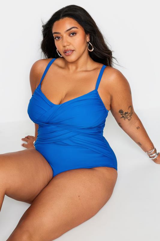  Grande Taille YOURS Curve Blue Double Crossover Tummy Control Swimsuit