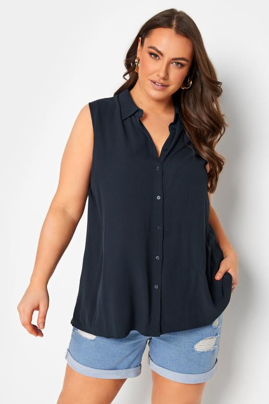 YOURS Plus Size Navy Blue Dipped Hem Sleeveless Blouse | Yours Clothing 1