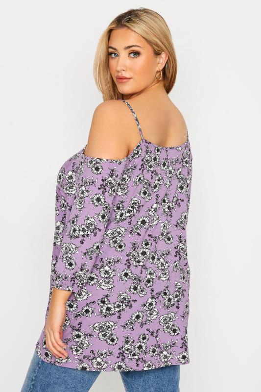 Plus Size Lilac Purple Floral Print Cold Shoulder Top | Yours Clothing 3