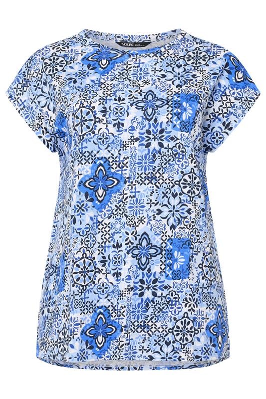 YOURS Plus Size Blue Mosaic Print T-Shirt | Yours Clothing 5