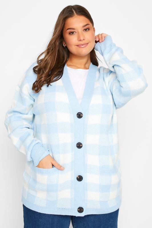  Grande Taille LTS Tall Blue Gingham Button Knitted Cardigan