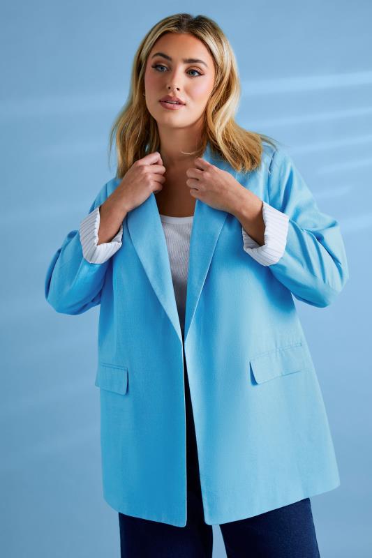 YOURS Plus Size Blue Linen Tailored Blazer | Yours Clothing 1