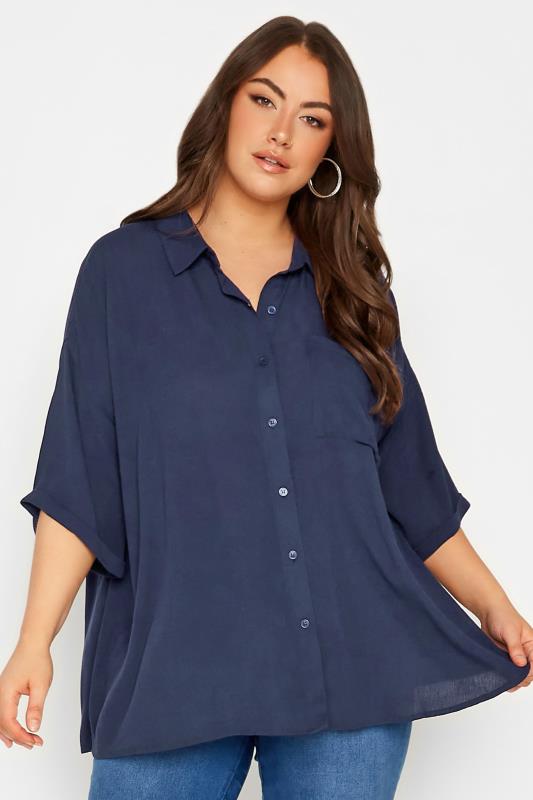 YOURS Curve Navy Blue Short Sleeve Crinkle Shirt | Yours Clothing 1