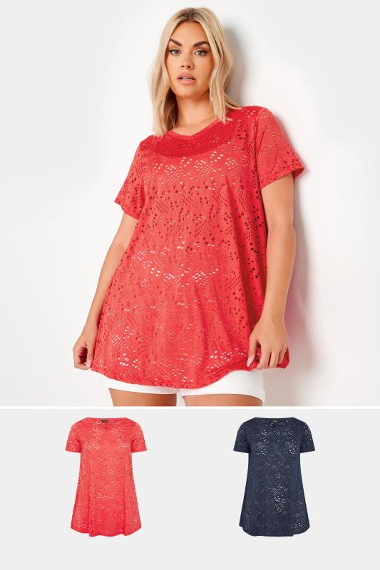 Plus Size  YOURS Curve 2 PACK Red & Navy Blue Broderie Swing T-Shirts