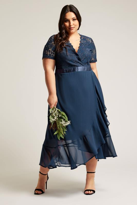  Grande Taille YOURS LONDON Curve Navy Blue Lace Wrap Ruffle Midi Dress
