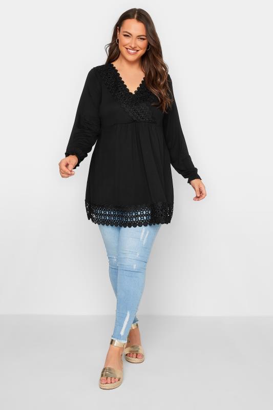 YOURS Plus Size Black Crochet Trim Tunic Top | Yours Clothing 2