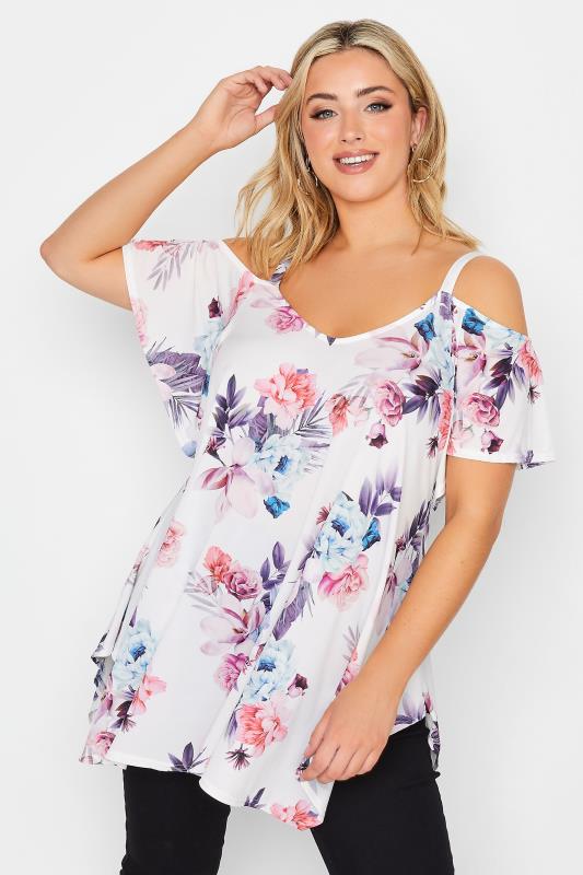 YOURS LONDON Plus Size White Tropical Print Cold Shoulder Top | Yours Clothing  1