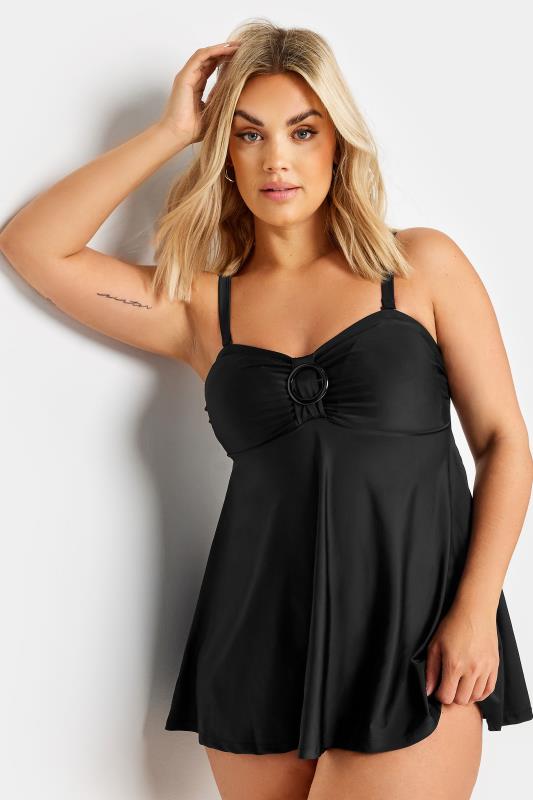 YOURS Plus Size Black Buckle Front Tummy Control Swim Dress | Yours Clothing 1