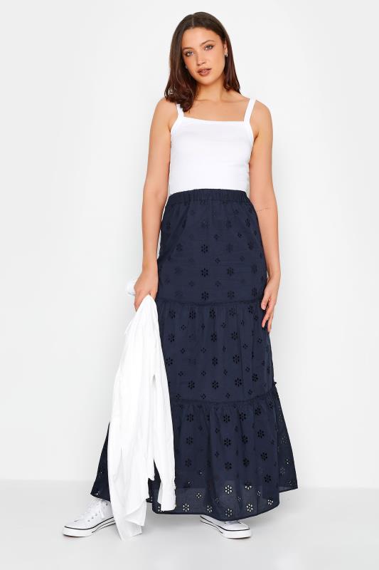 LTS Tall Women's Navy Blue Broderie Anglaise Tiered Maxi Skirt | Long Tall Sally 2