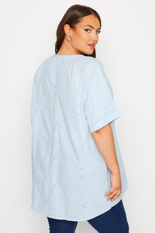 Plus Size Blue Embroidered Half Placket Raglan Blouse | Yours Clothing 3