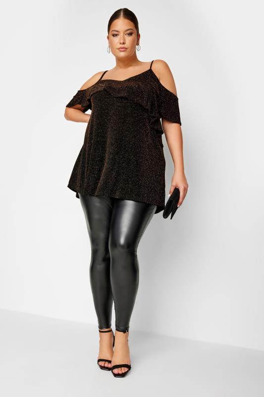 Plus Size Black & Gold Glitter Frill Cold Shoulder Top | Yours Clothing 2