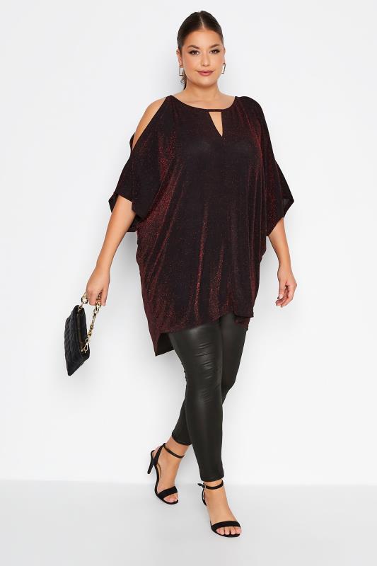 YOURS LONDON Plus Size Red Glitter Cold Shoulder Cape Top | Yours Clothing 2