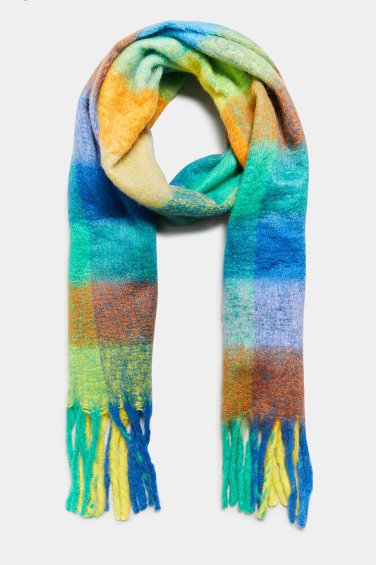 Blue & Yellow Block Check Chunky Tassel Scarf | Yours Clothing 2