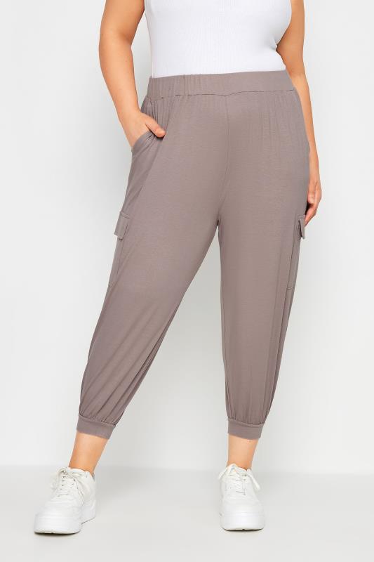 YOURS Plus Size Stone Brown Cropped Cargo Harem Trousers | Yours Clothing 1