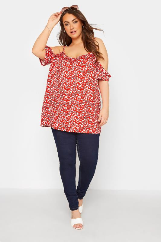 Plus Size Red Floral Print Frill Cold Shoulder Top | Yours Clothing 2