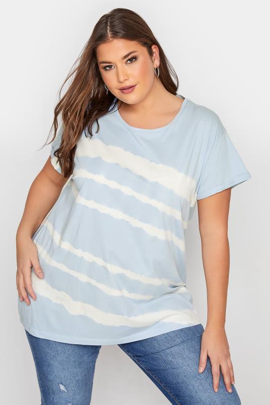 YOURS FOR GOOD Curve Pale Blue Stripe Tie Dye T-Shirt_A.jpg