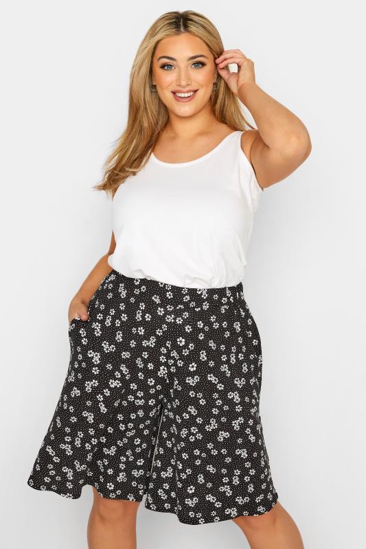  Grande Taille Curve Black Daisy Print Jersey Shorts