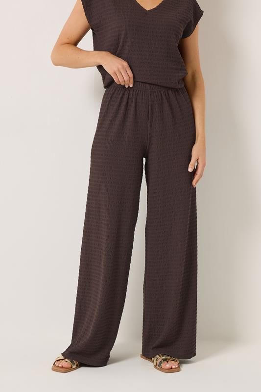 LTS Tall Women's Chocolate Brown Textured Elasticated Wide Leg Trousers | Long Tall Sally 1