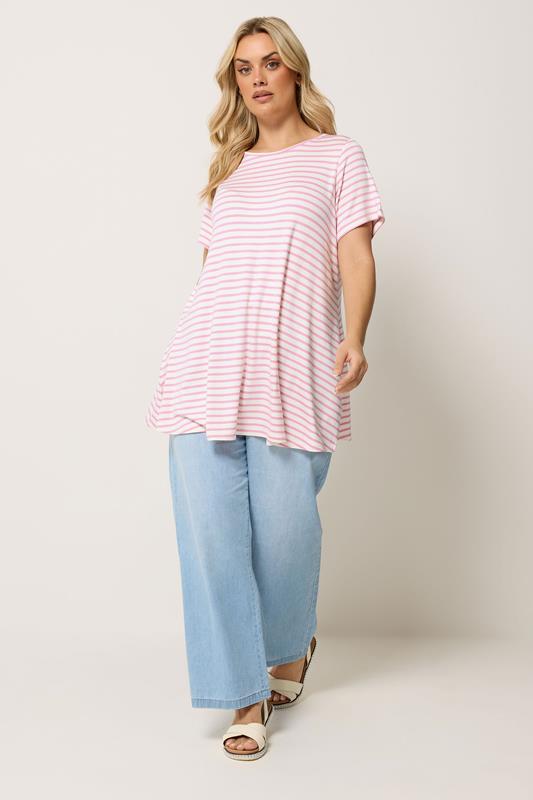 YOURS Plus Size Pink Stripe Swing Crew Neck Top | Yours Clothing 1