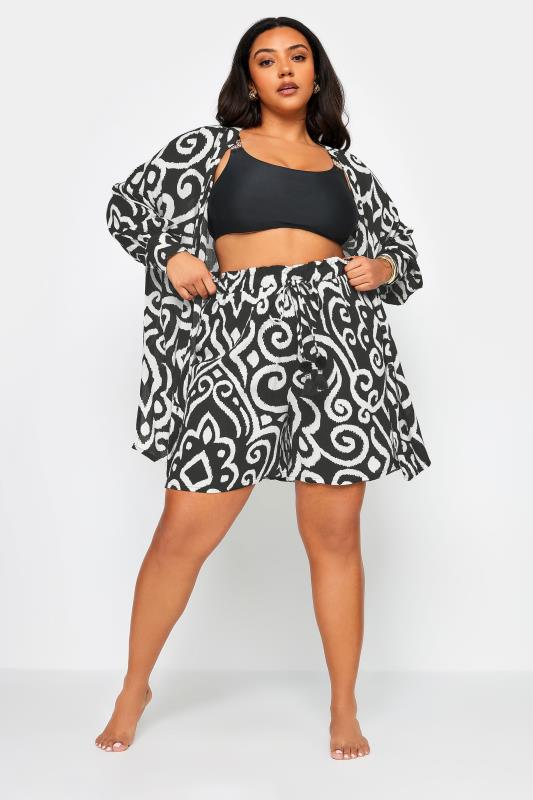 YOURS Plus Size Black Abstract Print Crinkle Tassel Shorts | Yours Clothing 2