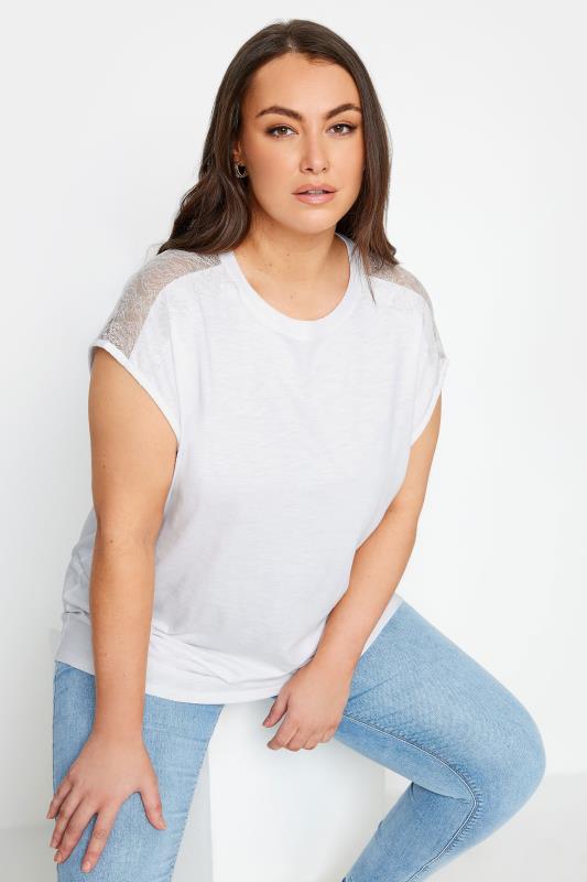 YOURS Plus Size White Lace Shoulder T-Shirt | Yours Clothing 1