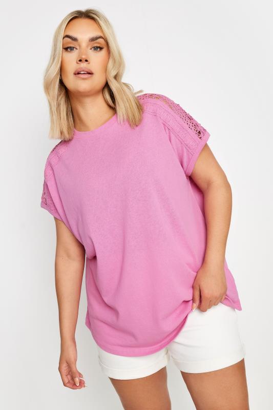 YOURS Plus Size Pink Crochet Detail Linen T-Shirt | Yours Clothing 1