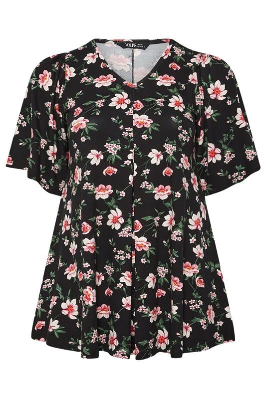 YOURS Plus Size Black Floral Pleat Front Short Sleeve Top | Yours Clothing 5