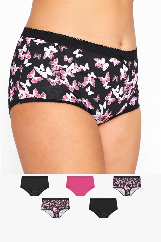 5 PACK Curve Black & Bright Pink Butterfly Print High Waisted Full Briefs 1