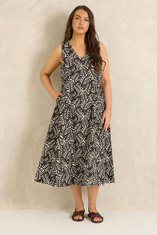 EVANS Plus Size Brown Linen Leaf Print Maxi Dress | Evans 1