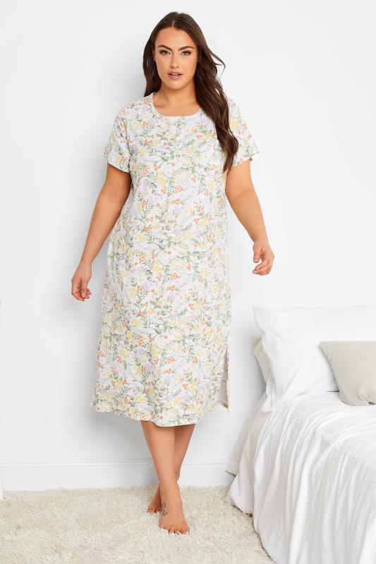 YOURS Plus Size Grey Floral Print Placket Midaxi Nightdress | Yours Clothing 2