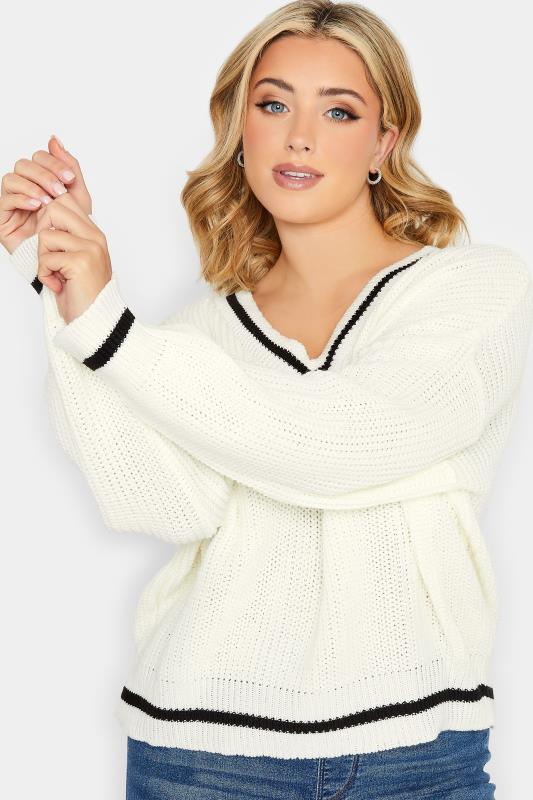 YOURS PETITE Plus Size White Stripe V-Neck Jumper | Yours Clothing 4