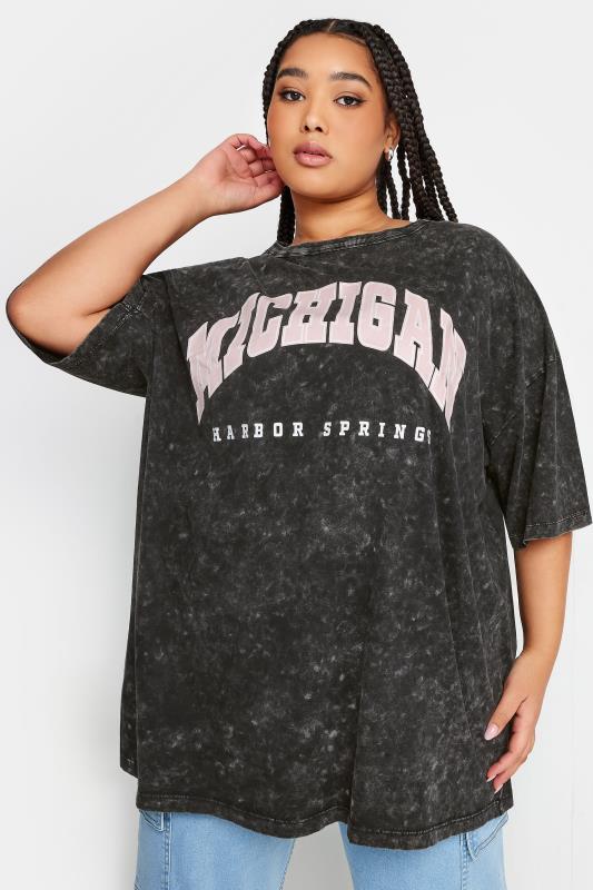  YOURS Curve Black 'Michigan' Slogan Acid Wash Oversized Boxy T-Shirt