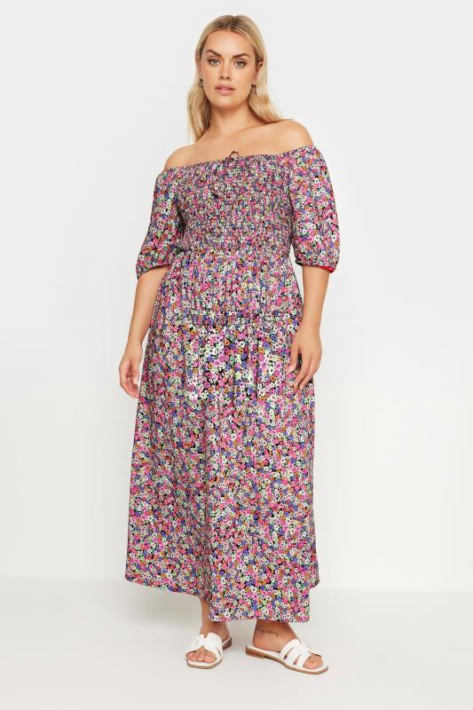 YOURS Plus Size Pink Ditsy Floral Print Shirred Maxi Dress | Yours Clothing 5