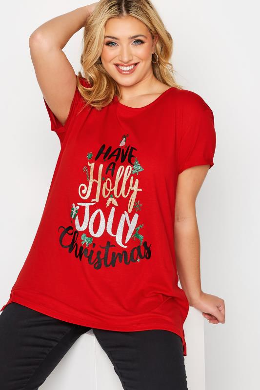 Plus Size Red 'Holly Jolly' Glitter Slogan Christmas T-Shirt | Yours Clothing 4