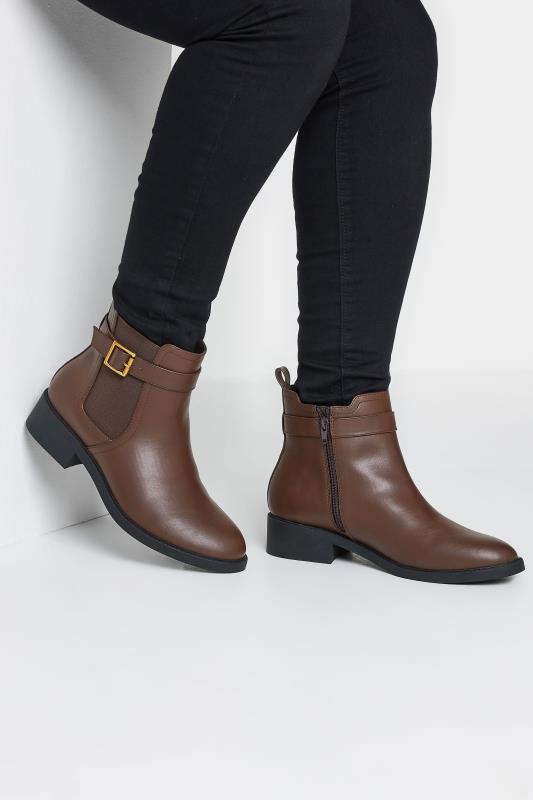  Grande Taille Brown Buckle Faux Leather Ankle Boots In Wide E Fit & Extra Wide EEE Fit
