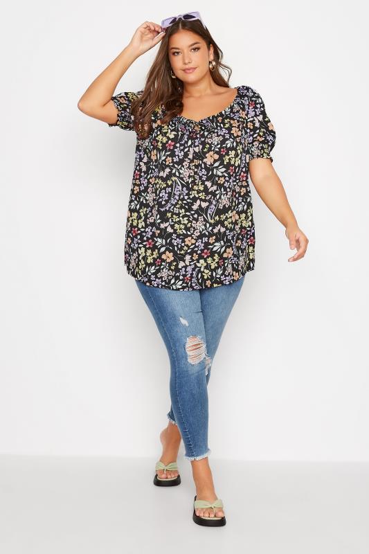 Plus Size Black Floral Print Gypsy Top | Yours Clothing  2