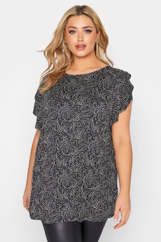 Plus Size Black Swirl Print Frill Sleeve Top | Yours Clothing 1