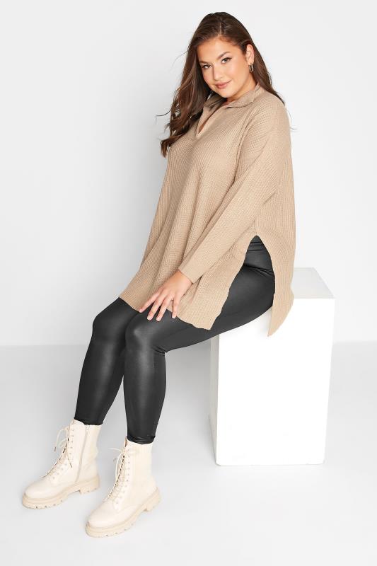Plus Size Curve Beige Brown Quarter Zip Knitted Jumper | Yours Clothing 4