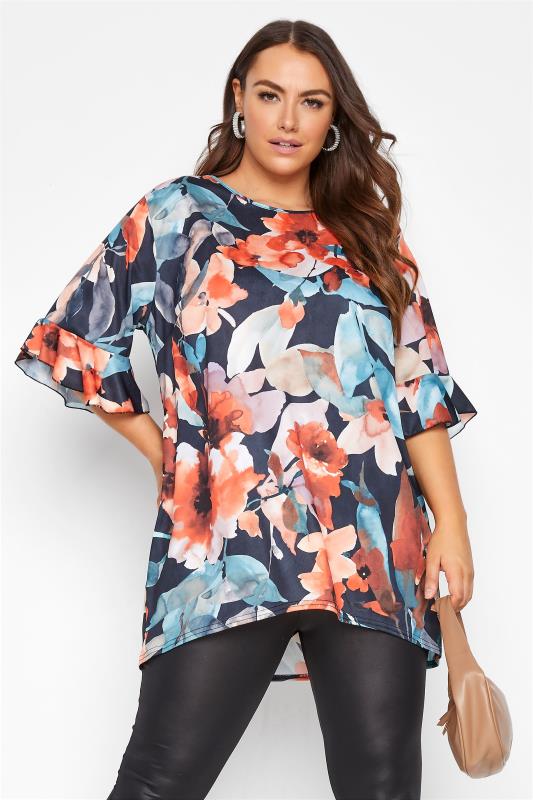 Navy Floral Print Frill Sleeve Swing Top_A.jpg