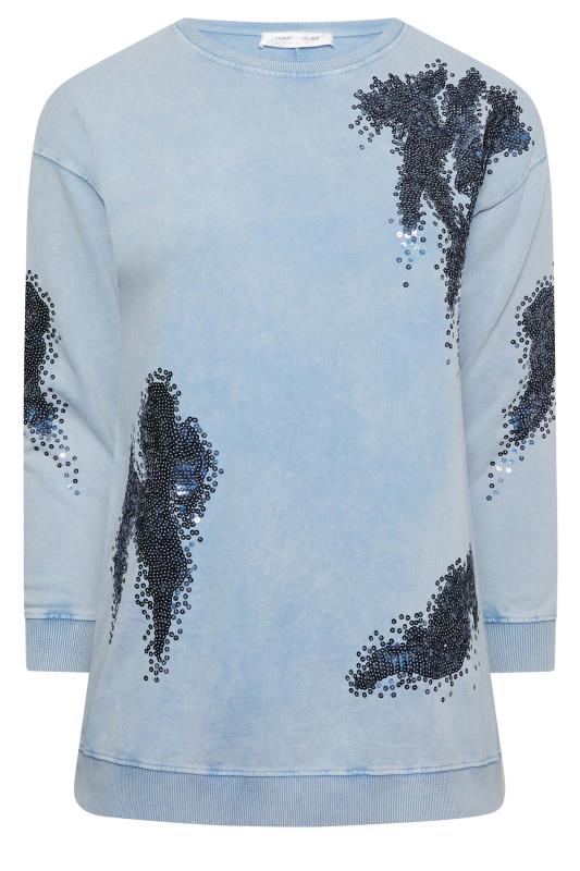Womens Yours Curve Luxury Acid Wash Sequin Cotton Sweatshirt - Blue