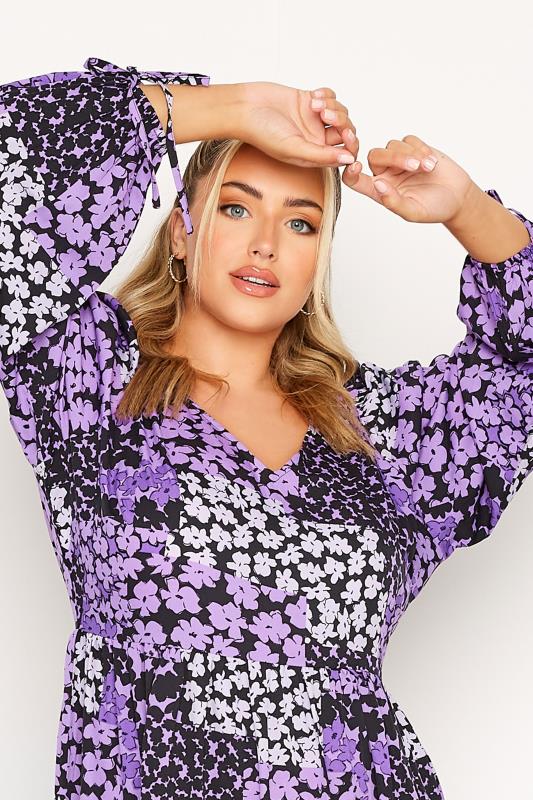 LIMITED COLLECTION Curve Purple Ditsy Print Tie Details Tiered Midi Dress 4