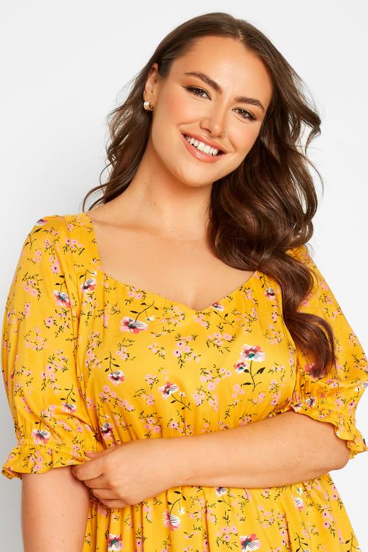 Curve Mustard Yellow Floral Print Sweetheart Puff Sleeve Top 4