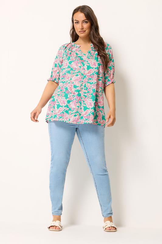 YOURS Plus Size Green Floral Print Frill Neck Top | Yours Clothing 2