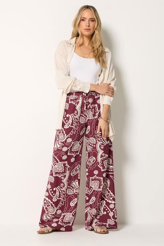 LTS Tall Women's Berry Red Paisley Linen Wide Leg Trousers | Long Tall Sally 1