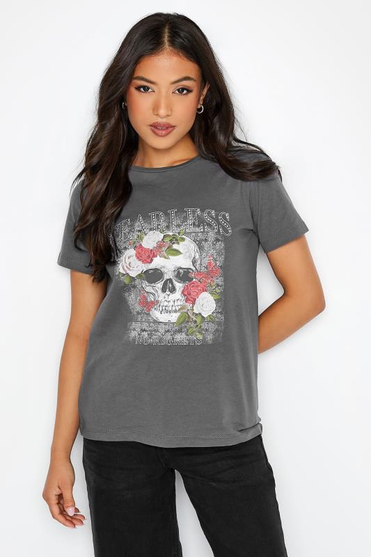 Petite Grey 'Fearless' Skull Slogan T-Shirt 2