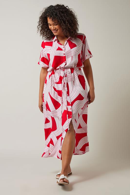 EVANS Plus Size Red Linear Print Midi Dress | Evans 2