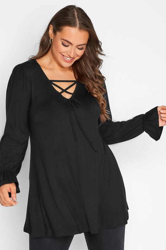LIMITED COLLECTION Plus Size Black Lattice Front Top | Yours Clothing 1
