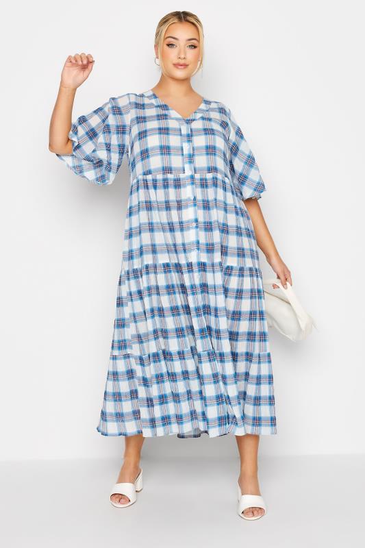 LIMITED COLLECTION Curve Blue Check Tiered Smock Dress 2
